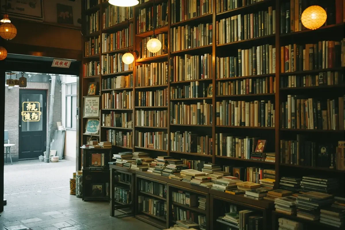北京胡同旧书店里满墙旧书与暖黄灯光